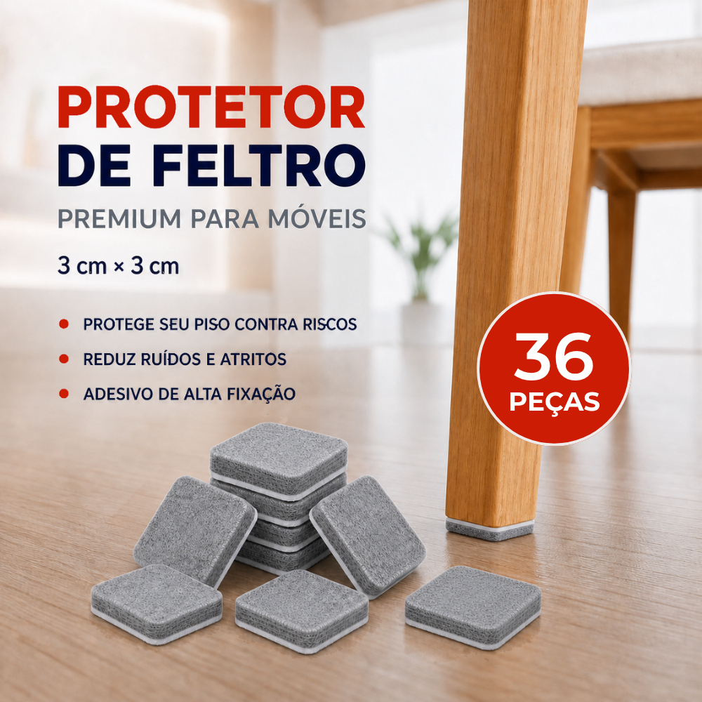 Feltro Protetor Adesivo Quadrado 3cm x 3cm x 5mm Cinza 36und Para Pé de Cadeira Mesa Móveis