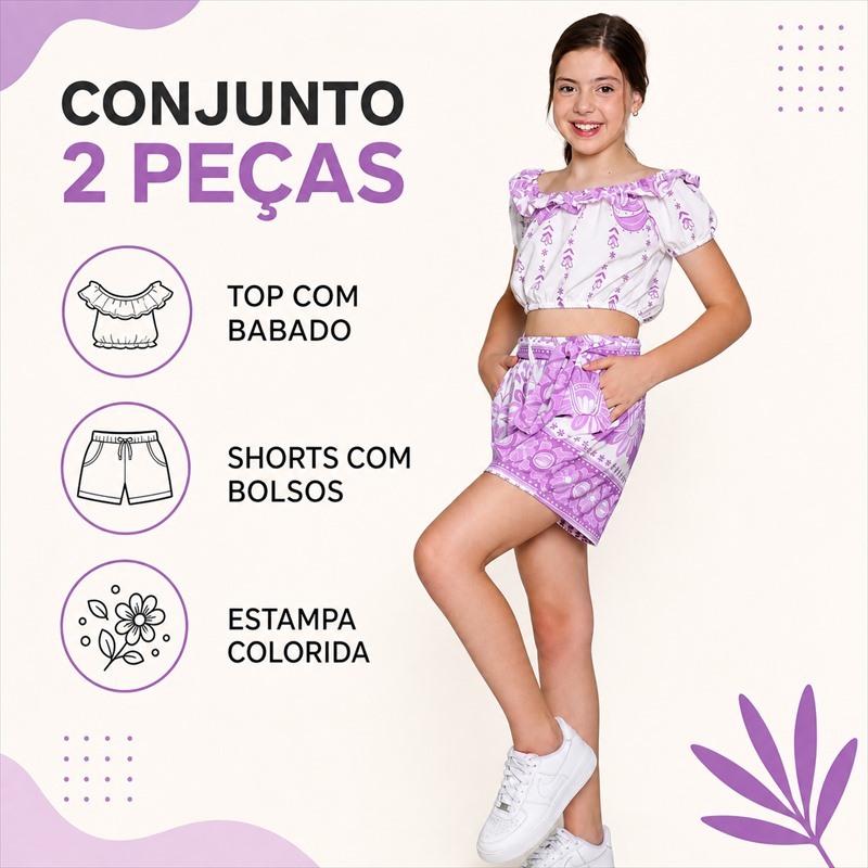 Conjunto Infantil Feminino Juvenil Cropped e Short Estampado – Moda Feminina Tendência Verão, Look Casual Confortável