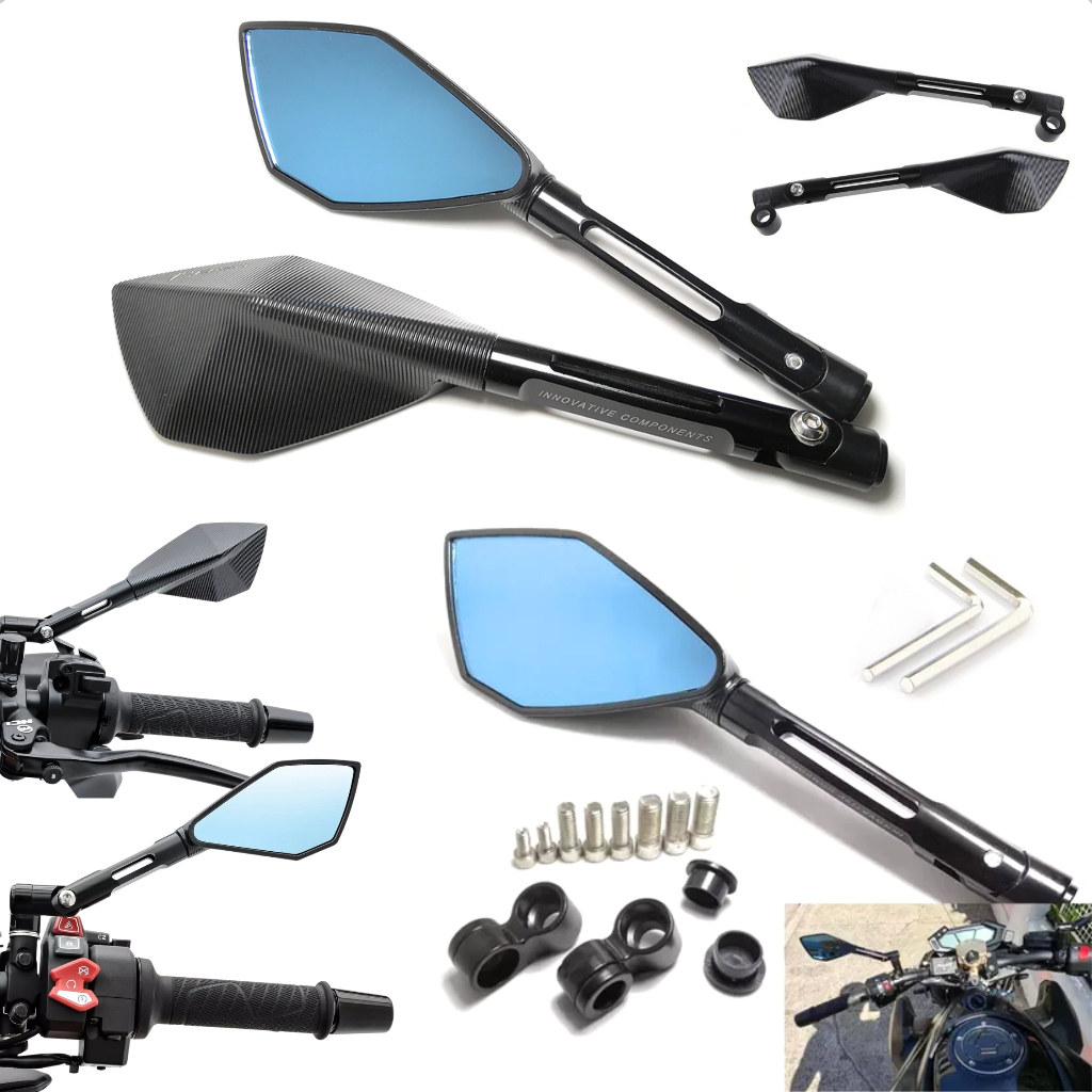Retrovisor Esportivo Naked Moto Par Alumínio Espelho Azul Antirreflexo Ajustável Rosca M8 M10 Universal