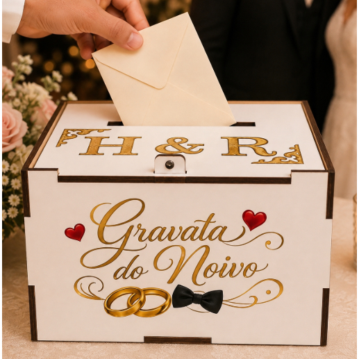 Caixa Pix dos Noivos Personalizada Casamento MDF | Caixa Lua de Mel | Gravata do Noivo | Sapatinho da Noiva | Cofrinho