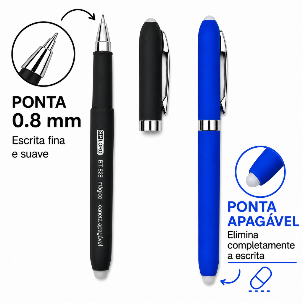 Caneta Apagável Mágico Gel Esferográfica Azul Preta SP Loro Ponta 0.8 mm Escritório Trabalho Escola