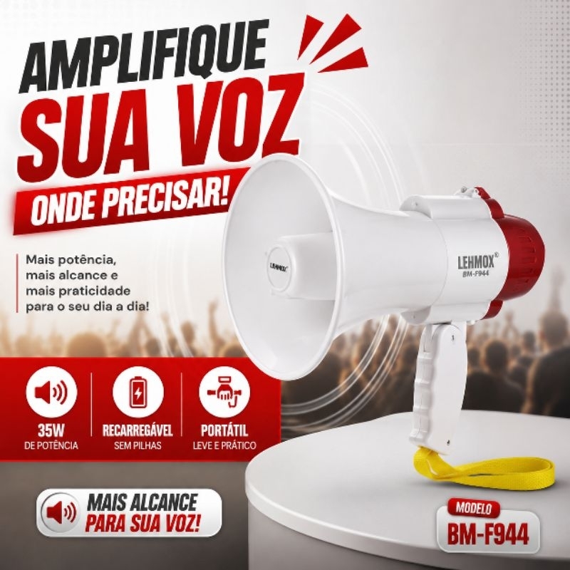 Megafone Portátil Recarregável Amplificador de Voz com Sirene USB Gravação BM-F944 35W