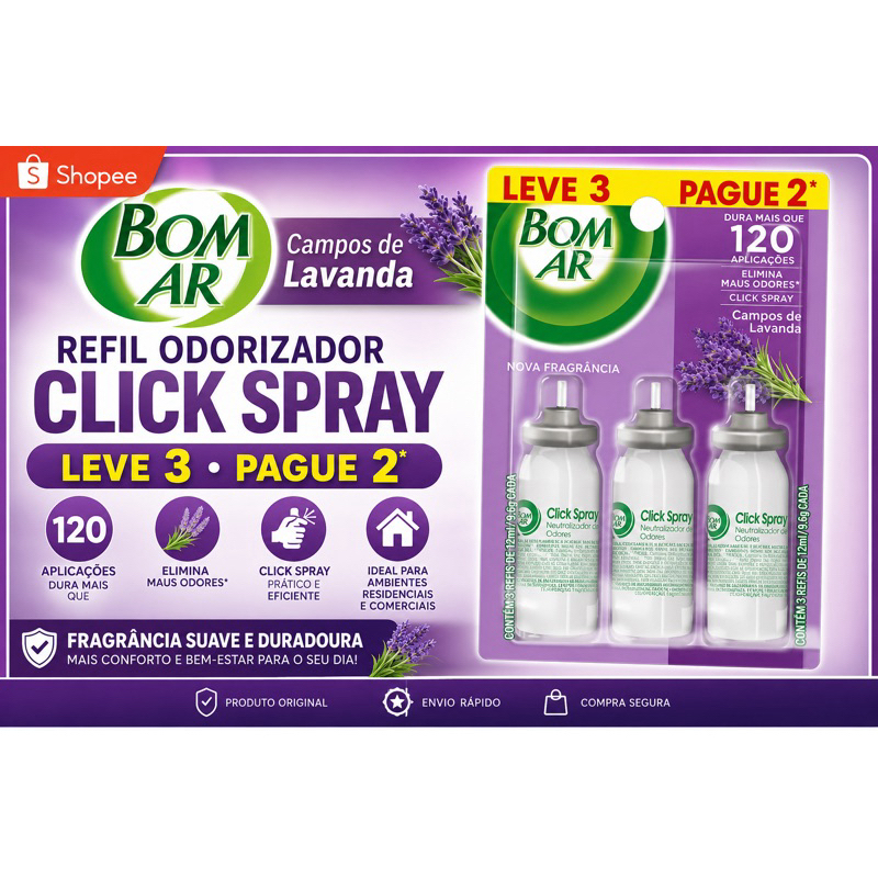 Bom Ar Click Spray Campos de Lavanda – Refil Odorizador de Ambientes – Kit 3 Unidades