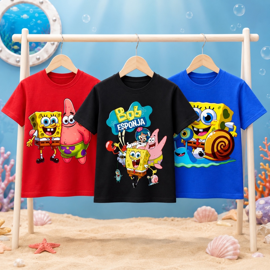 Camisetas Infantil Bob Esponja  Menino Estampadas Manga Curta Algodão Personagens Desenho