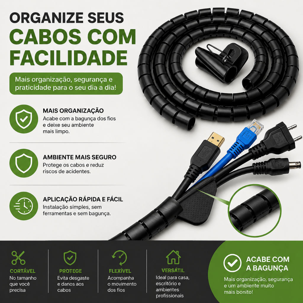 Organizador de Cabos Espiral 10mm x 1m com Aplicador – Protetor de Fios para TV, PC, Escritório