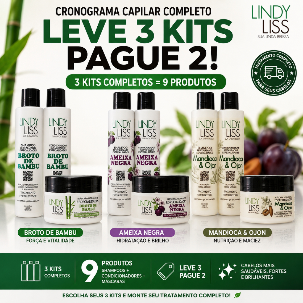 Kit Cronograma Capilar 9 Produtos Leve 3 Kits Pague 2 Hidratação Nutrição Reconstrução Lindy Liss
