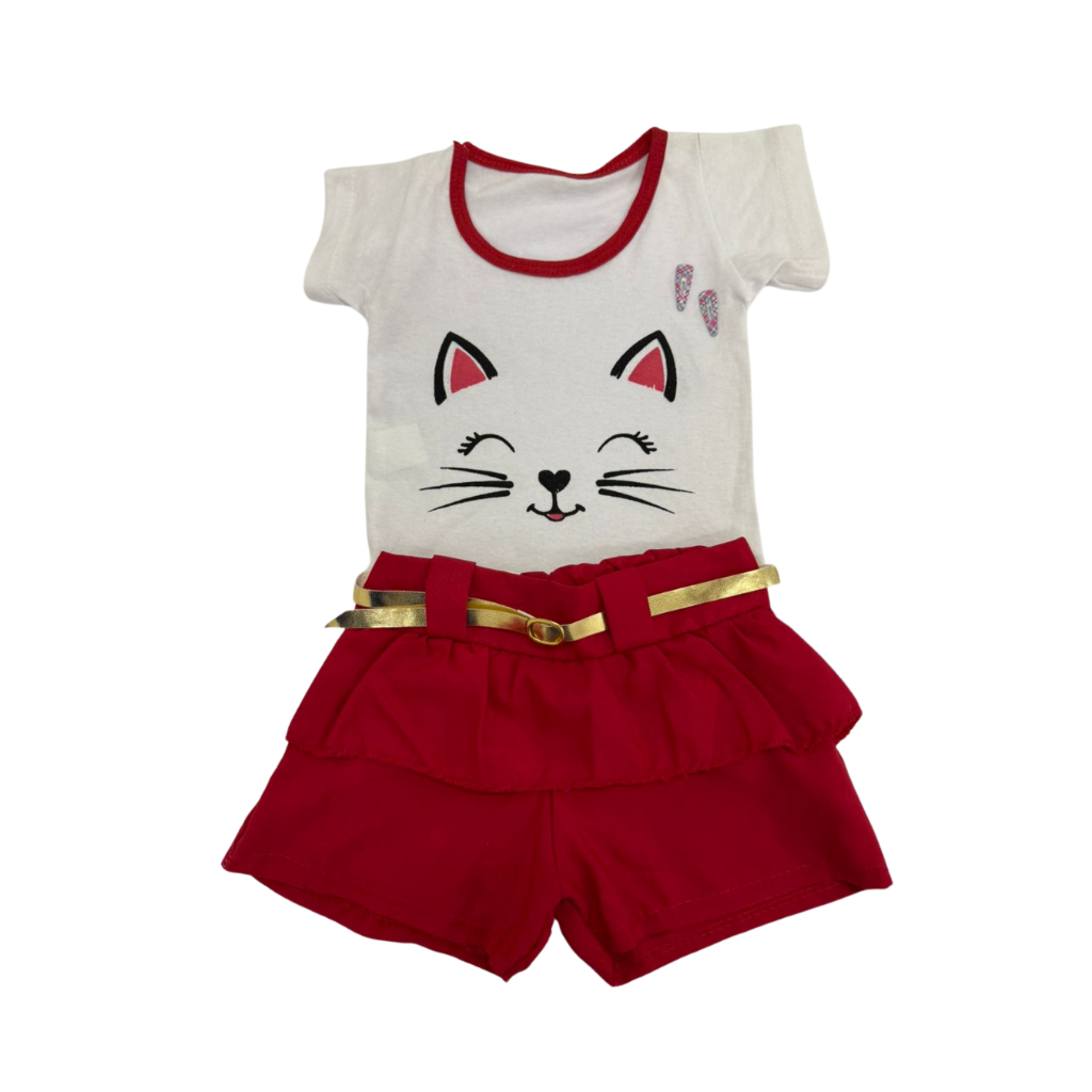 Conjunto Infantil Short e Camiseta Tamanho P Camiseta 100% Algodão com Cinto Dourado