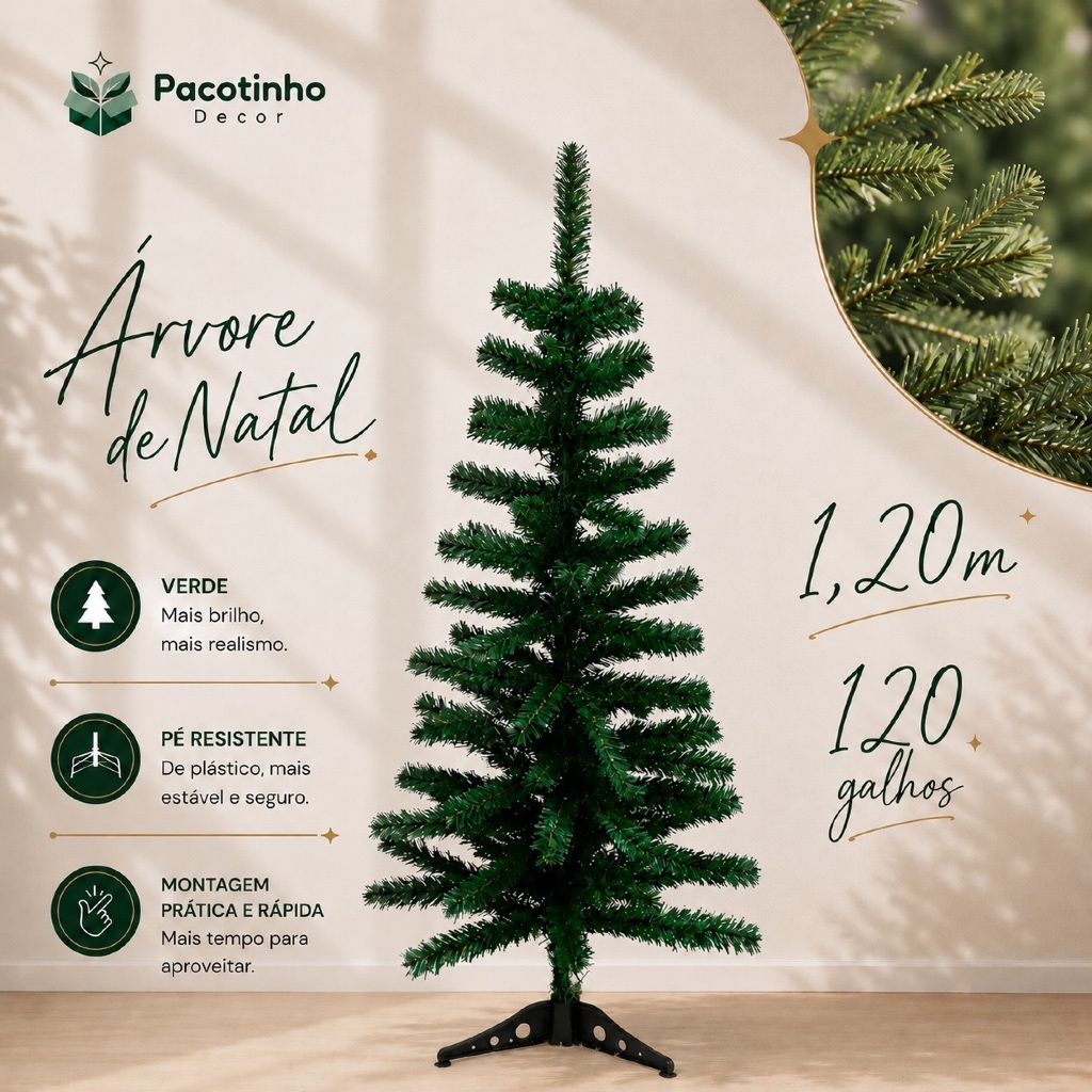 Árvore Natal Pinheiro Verde 1,20 Metros 200 Galhos Luxo Cheia