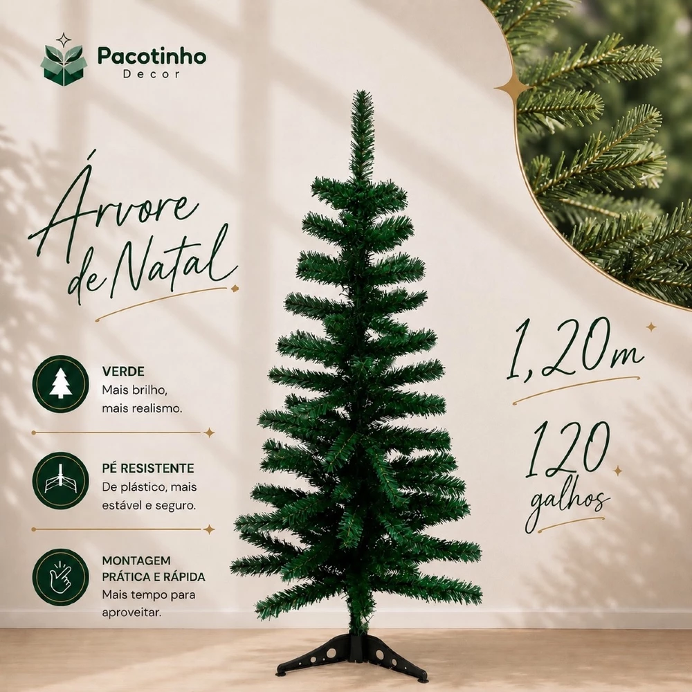 Árvore Natal Pinheiro Verde 1,20 Metros 200 Galhos Luxo Cheia