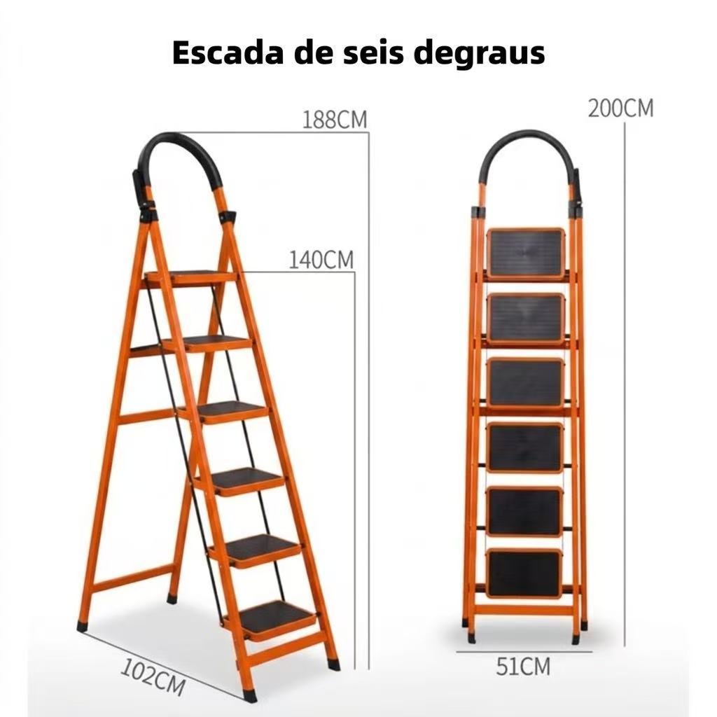 Escada De 2m Dobrável Ultra Segura 6 Degraus | Antiderrapante E Resistente 150kg Professional