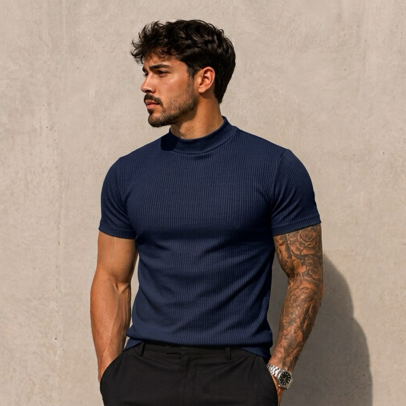 Camiseta gola alta ribana canelada moda casual slim