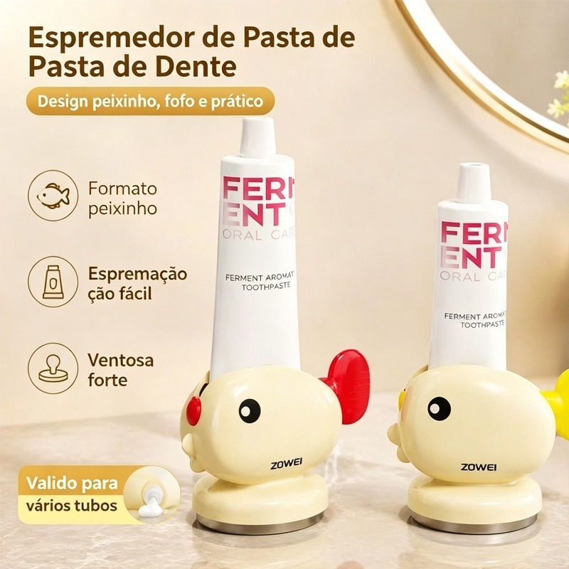 Suporte Espremedor de Pasta de Dente em Formato de Peixe, Dispenser Automático, Economiza Creme Dental