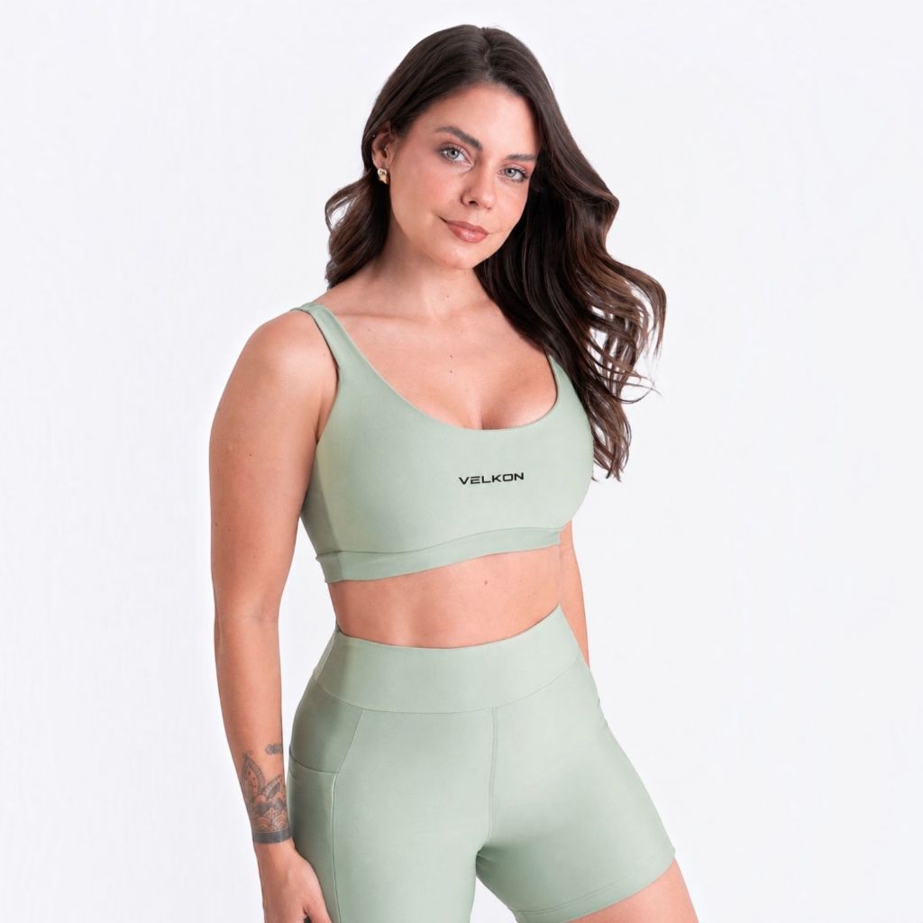Conjunto Fitness Short+Top Feminino Tecido Poliamida Com Bolso Para Celular Academia Alta Elasticidade - VELKON