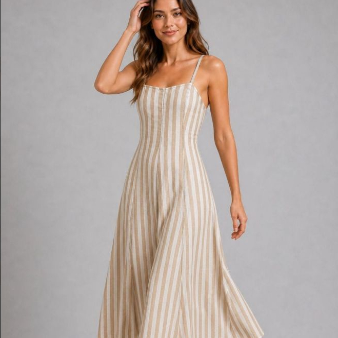 Vestido Helena Listrado Linho Panamá Feminino Elegante Alcinha Verão Casual Confortável Premium