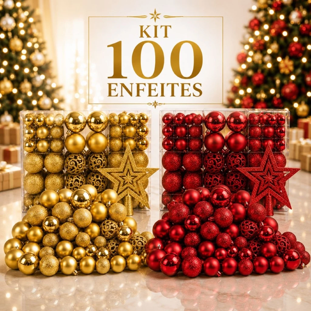 Kit 100 Bolas +1 Estrela Pendentes Árvore Natal Decoração Enfeites Bolinhas Premium Lisas/Glitter/Fosca Vermelho/Dourado — imagem 1