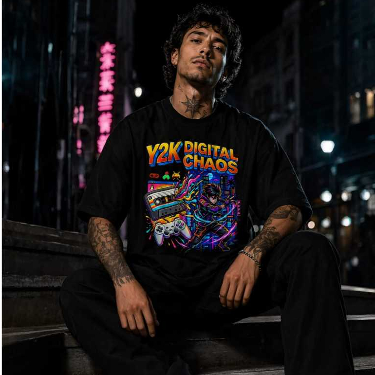 Camiseta Masculina Estampada Y2K Digital Chaos Gamer Retro Feminina Streetwear Unissex Modelagem Basica e Oversized