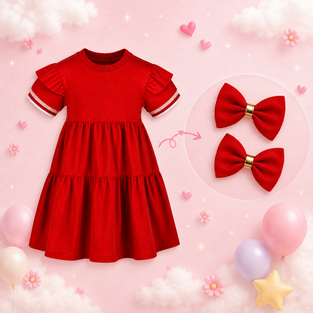 Vestido Infantil Menina Com Kit Laço Algodão Três Marias Manga Sobreposta Detalhe Punho Festa Estilo