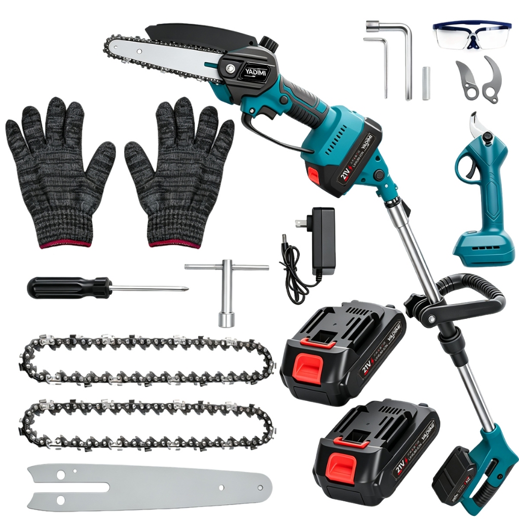 Kit 3 em 1 Ferramentas de Poda: Motosserra e Tesoura de Poda com Extensor 2 Baterias para Corte de Galhos