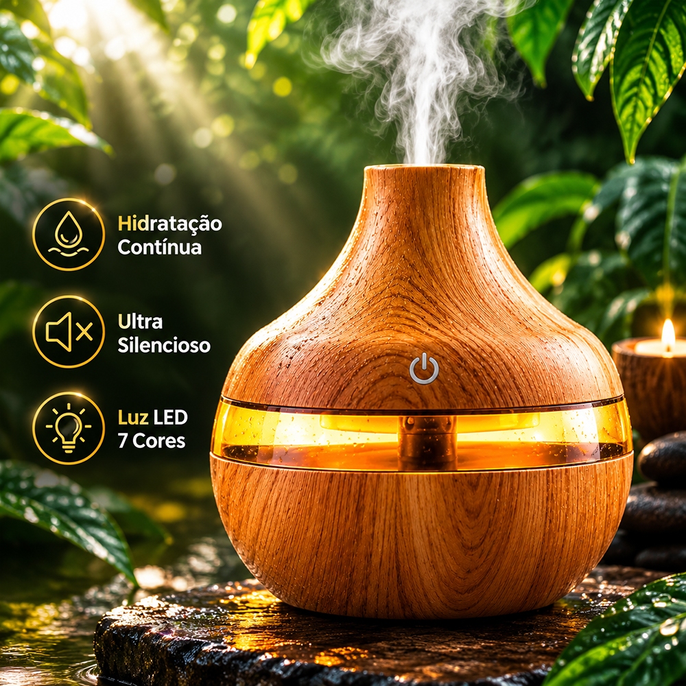 Umidificador De Ar E Difusor Aromatizador Silencioso De Ambiente Veios Com Luz Led De 7 Cores