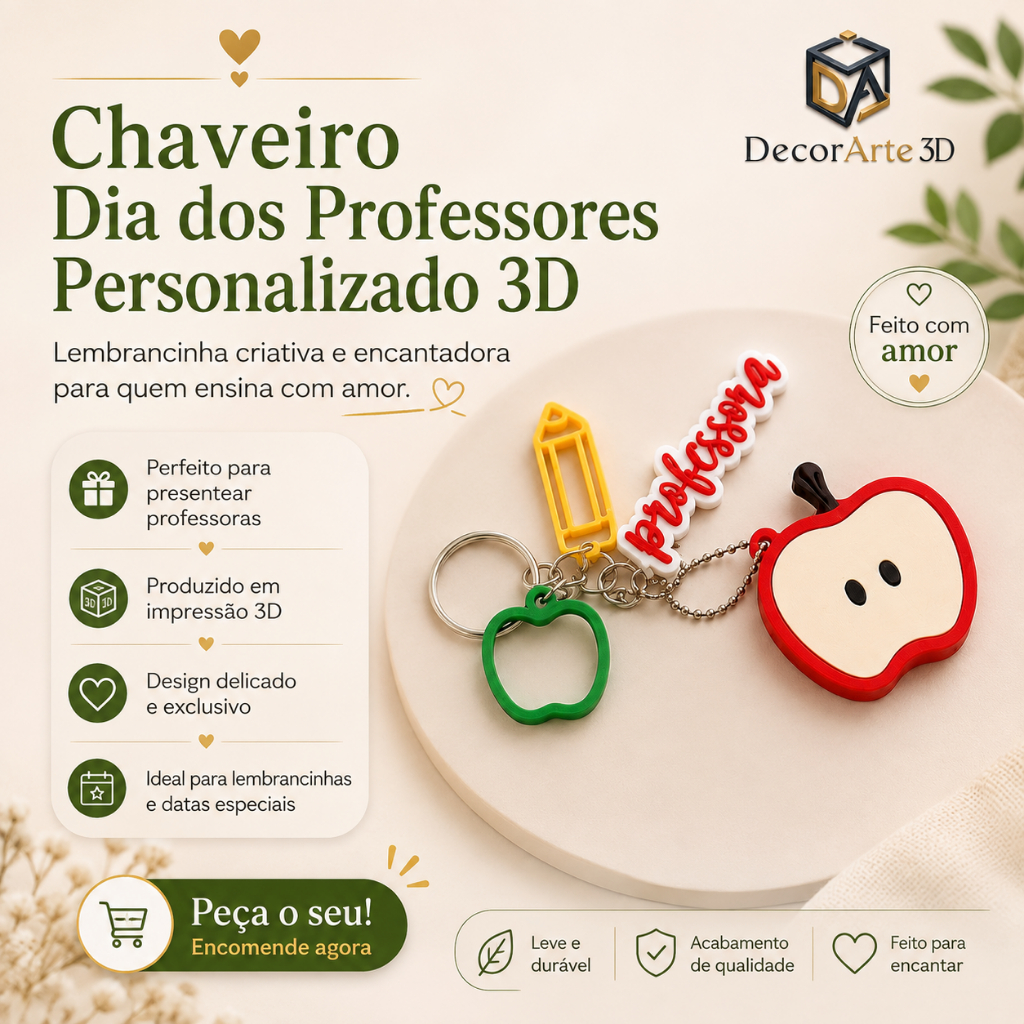 Chaveiro Personalizado Dia dos Professores 3D | Lembrancinha Professora | Presente Criativo Escolar