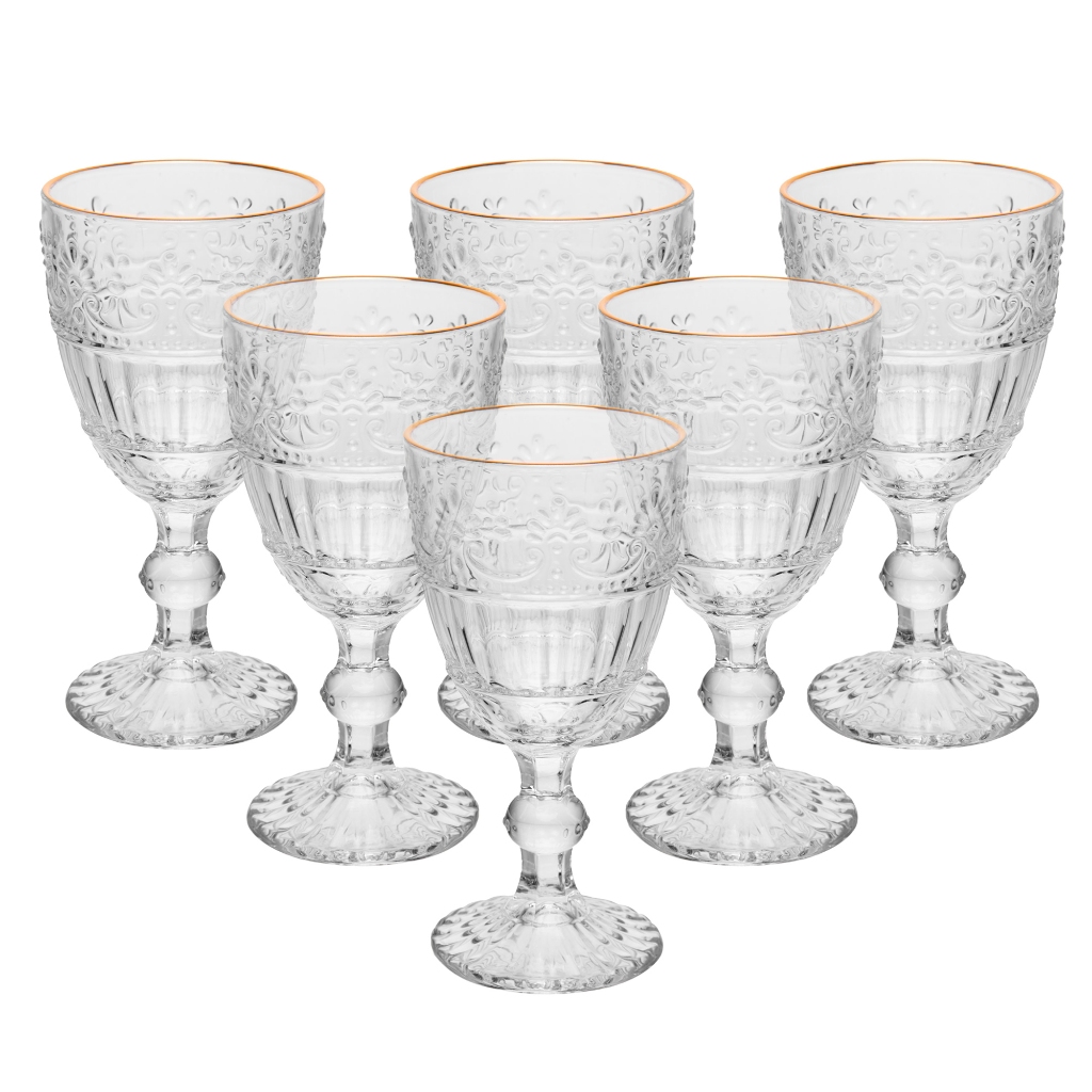Conjunto 6 Taças Mauve 320ml Cristal Ecológico com Fio de Ouro Wolff para Água Sucos Bebidas Mesa Posta Jantar Elegante
