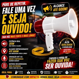 Megafone Portátil Profissional 35W Recarregável com Sirene Gravação USB Alcance 600m BM-F944