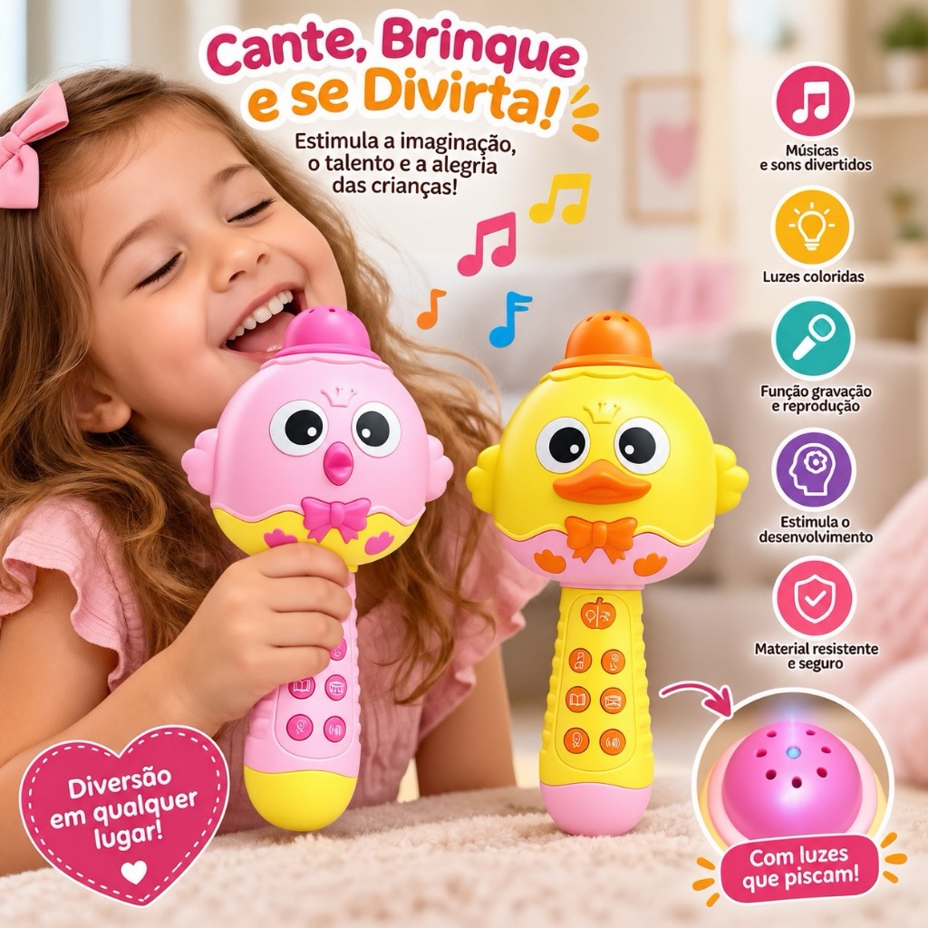 Microfone Infantil Karaokê Bluetooth Musical Patinho com Luzes Sons Vozes Histórias e Músicas Brinquedo Menina