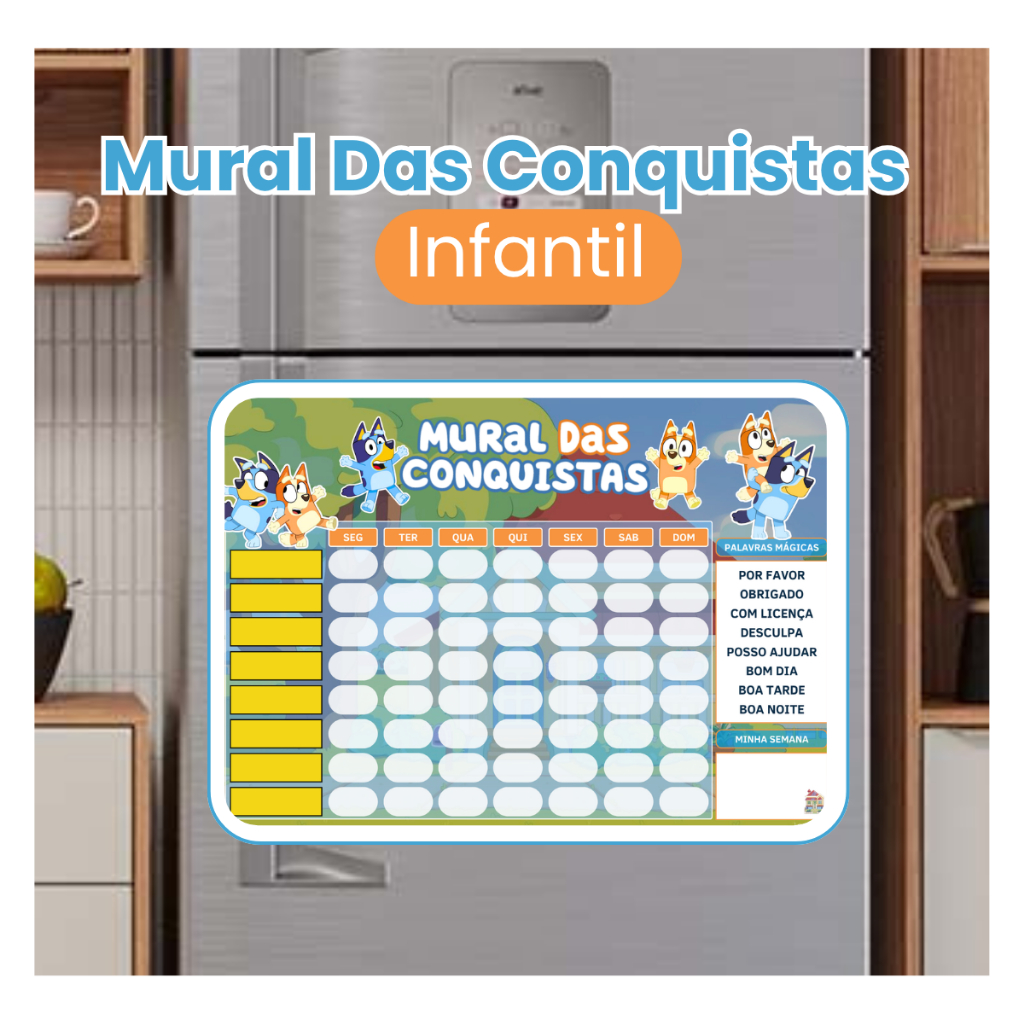 Mural das Conquistas Tema Bluey e Bingo Para Motivação Diária e Estímulo ao Desenvolvimento Infantil