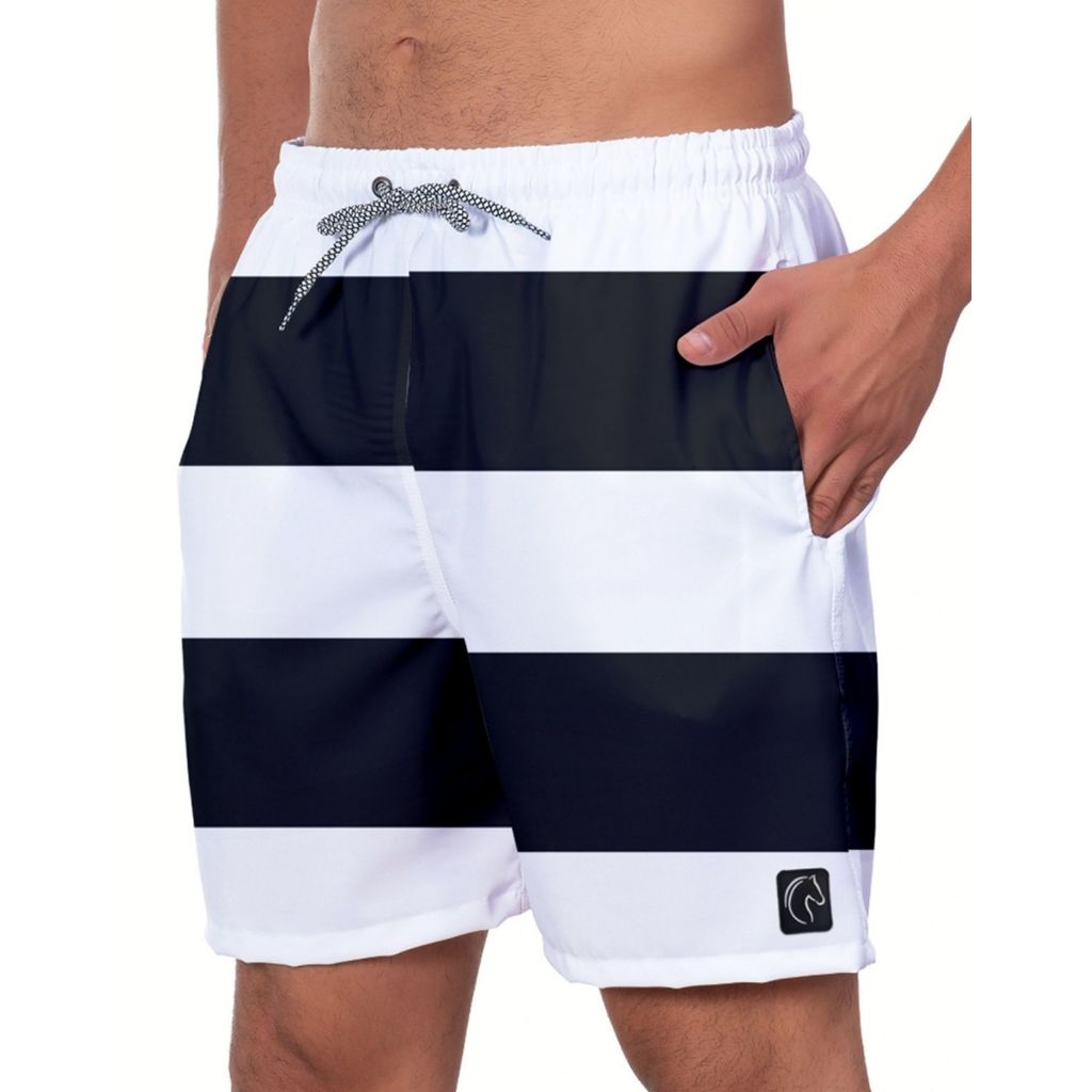 Shorts Bermuda Masculina com Elastano Estampada Moda Praia Verão Academia Estampa Listras Listrada Preta Branco