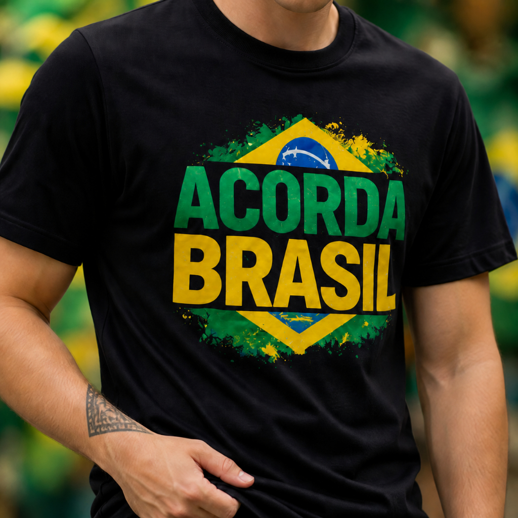 Camiseta Masculina Estampada Acorda Brasil 100% Algodão Fio 30.1 Manga Curta Modelagem Confortável Casual Tendência 2026