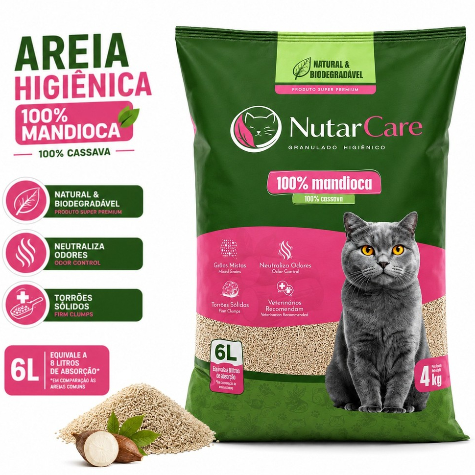 Areia Premium De Mandioca 4kg Natural E Biodegradável Grão Misto Alta Absorção NutarCare - Envio Imediato -