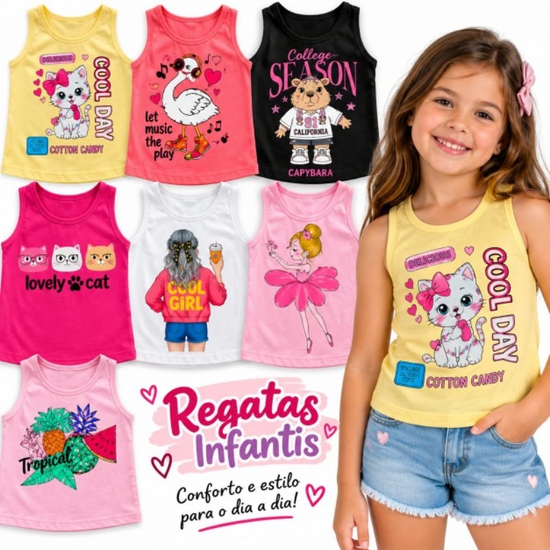 Kit 4 Regata Infantil Feminina 100% Algodão do 2 ao 12 Anos | Regata Infantil Menina Sortida | Roupa Infantil Menina