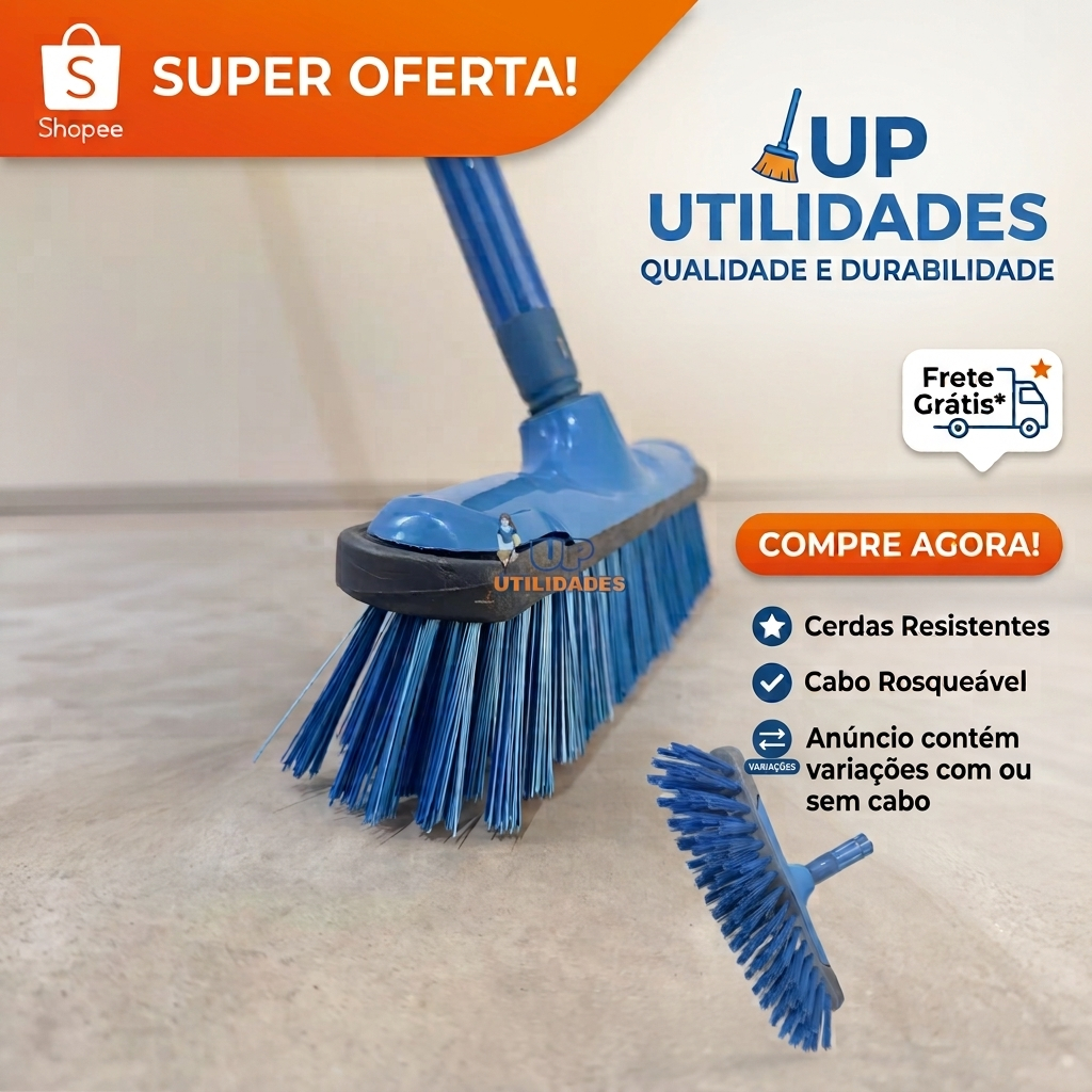 Vassoura esfregão plus com cerdas duras - opção de compra com cabo madeira 1,2 mts ou sem cabo(envio de cores aleatório)