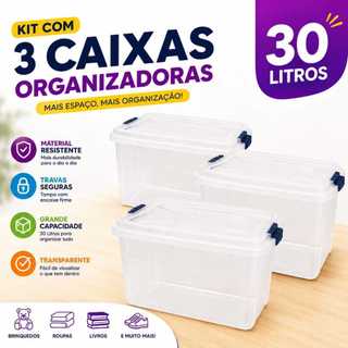 Kit Com 3 Organizador Caixa Organizadora 30 Litros Transparente Com Tampa Travas Caixa Organizadora
