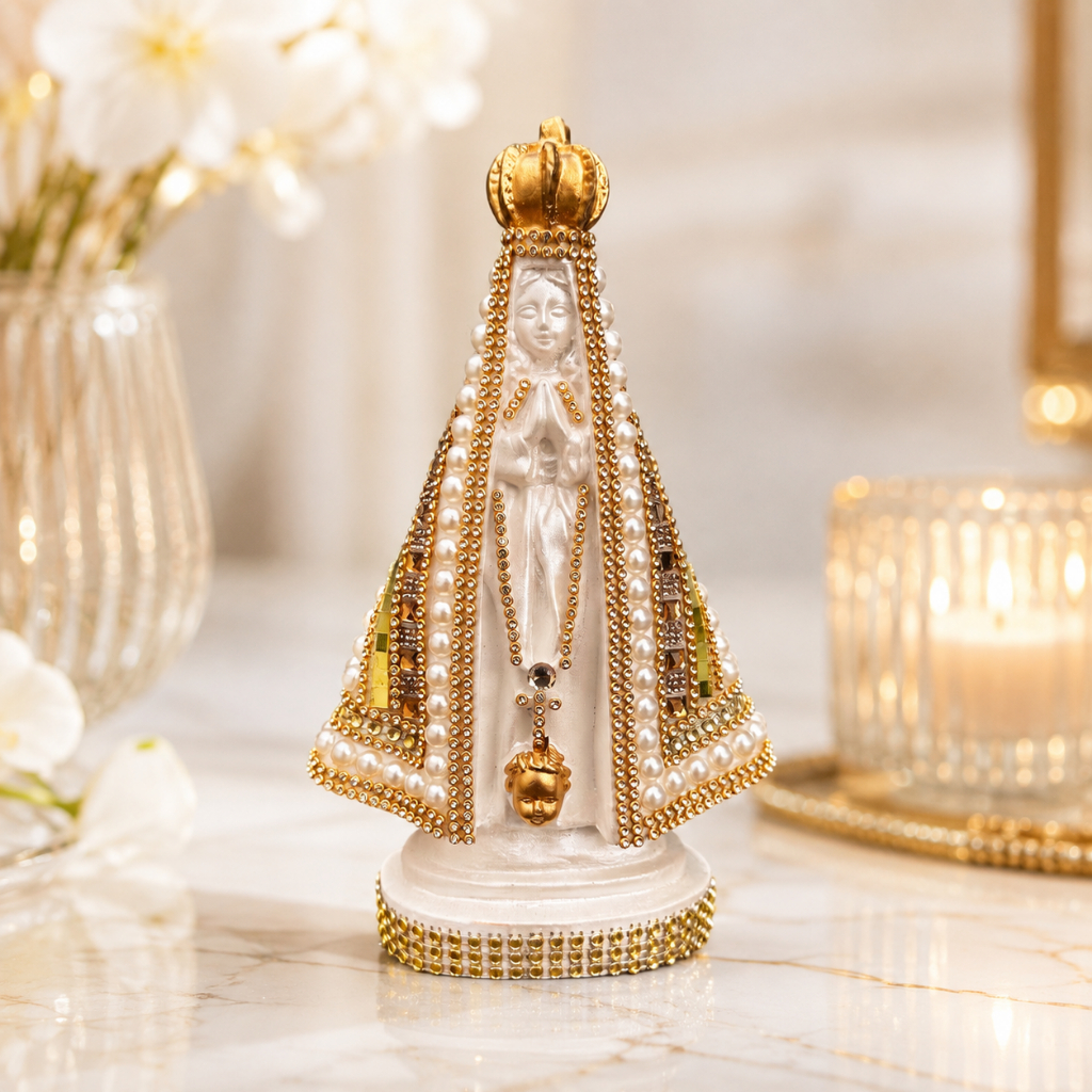 Imagem de Nossa Senhora Aparecida 23cm Frente Branca Pérola Strass Pedraria de Gesso Portuguesa!