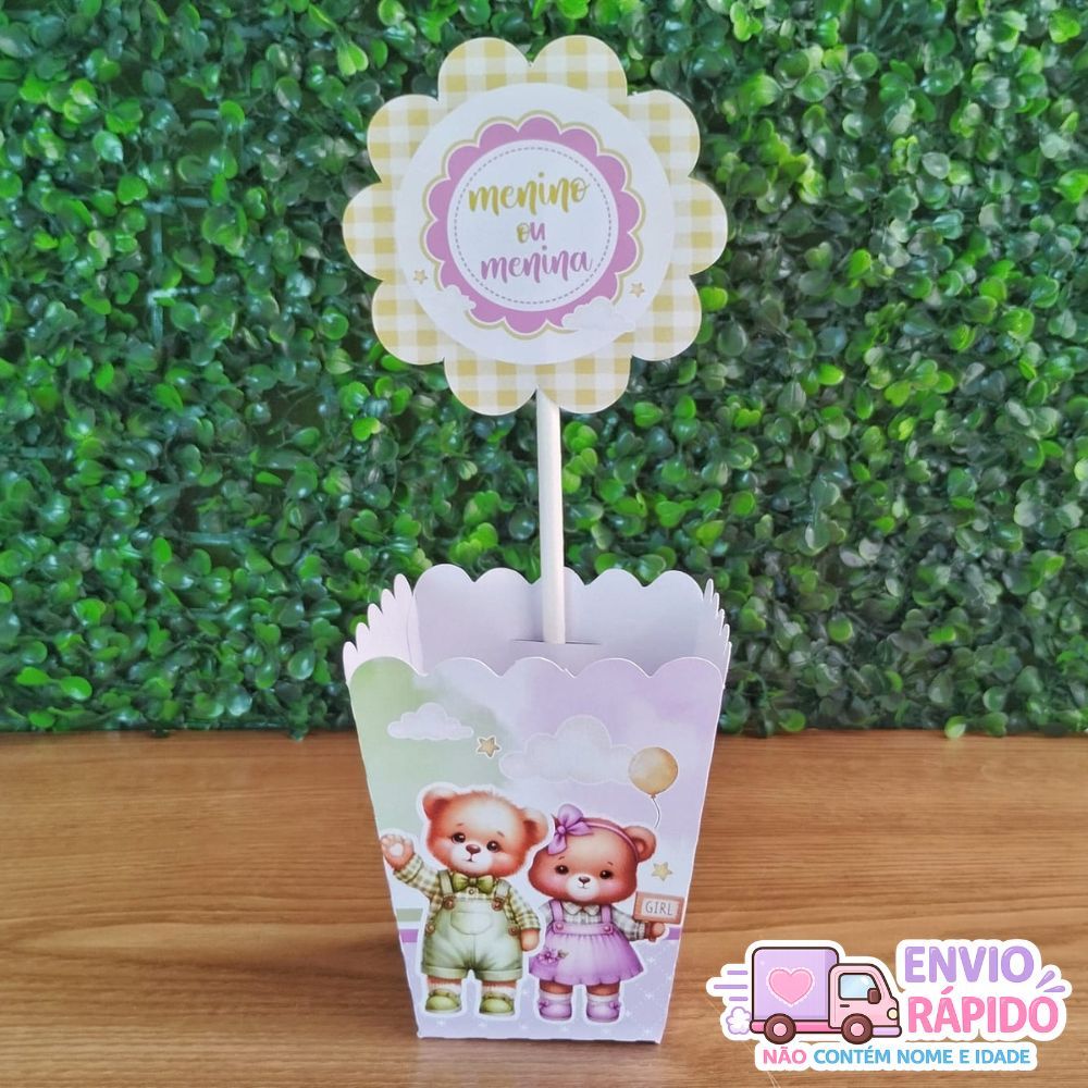 Centro de Mesa lembrancinhas decoração personalizados Chá Revelação Ursinho Lilás e Verde