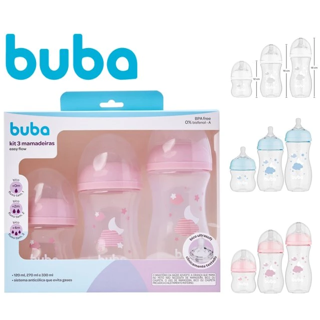Kit Mamadeiras Buba Anticólica Bico Pétala Silicone Easy Flow Antivazamento Kits c/ 02un ou 3un