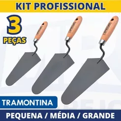 Kit Colher de Pedreiro Tramontina Colher de Pedreiro Profissional 6" 8" e 10" Canto Reto Grande Aço