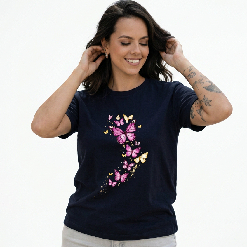 Camiseta Feminina Borboletas Rosa Estampada | T-shirt Casual Delicada Estilosa Algodão Gold