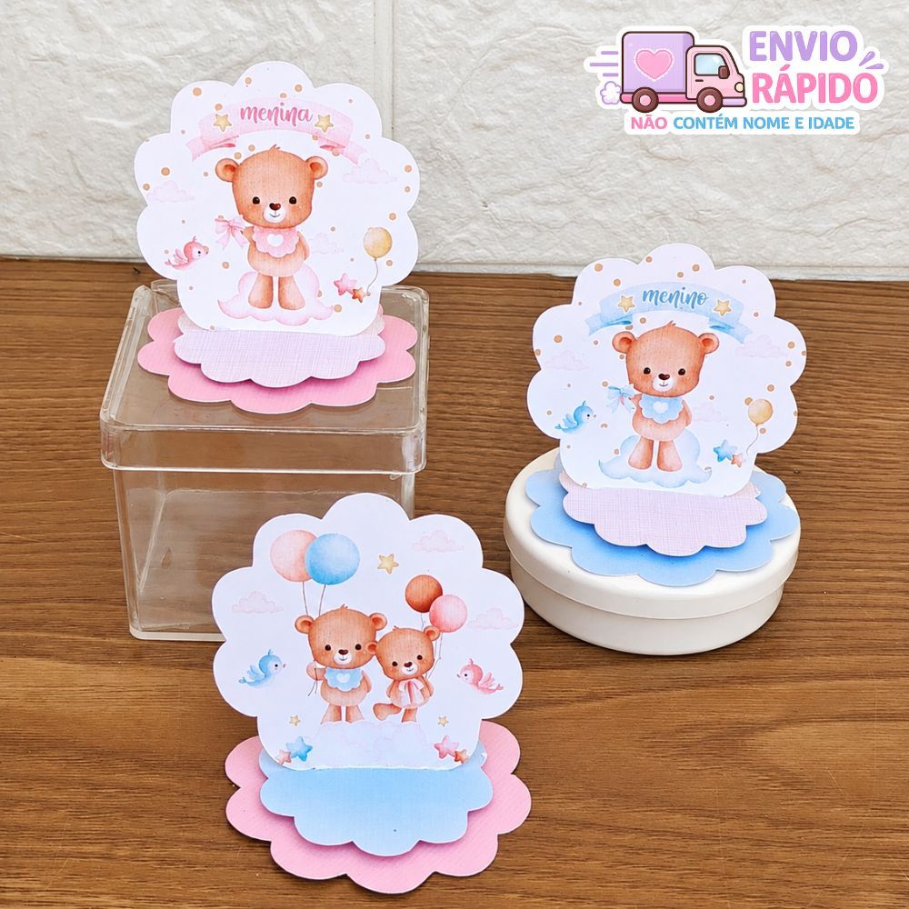 Kit Aplique 3D Cenário em Pé Chá Revelação Chá de Bebê Ursinho Azul e Rosa Tag para Lembrancinhas Festa Infantil