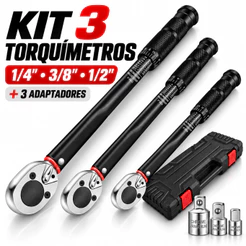 Chave Torquímetro Profissional Kit 3 Peças com 3 Adaptadores 1/4 3/8 1/2 Catraca Reversível para Auto Moto Bike
