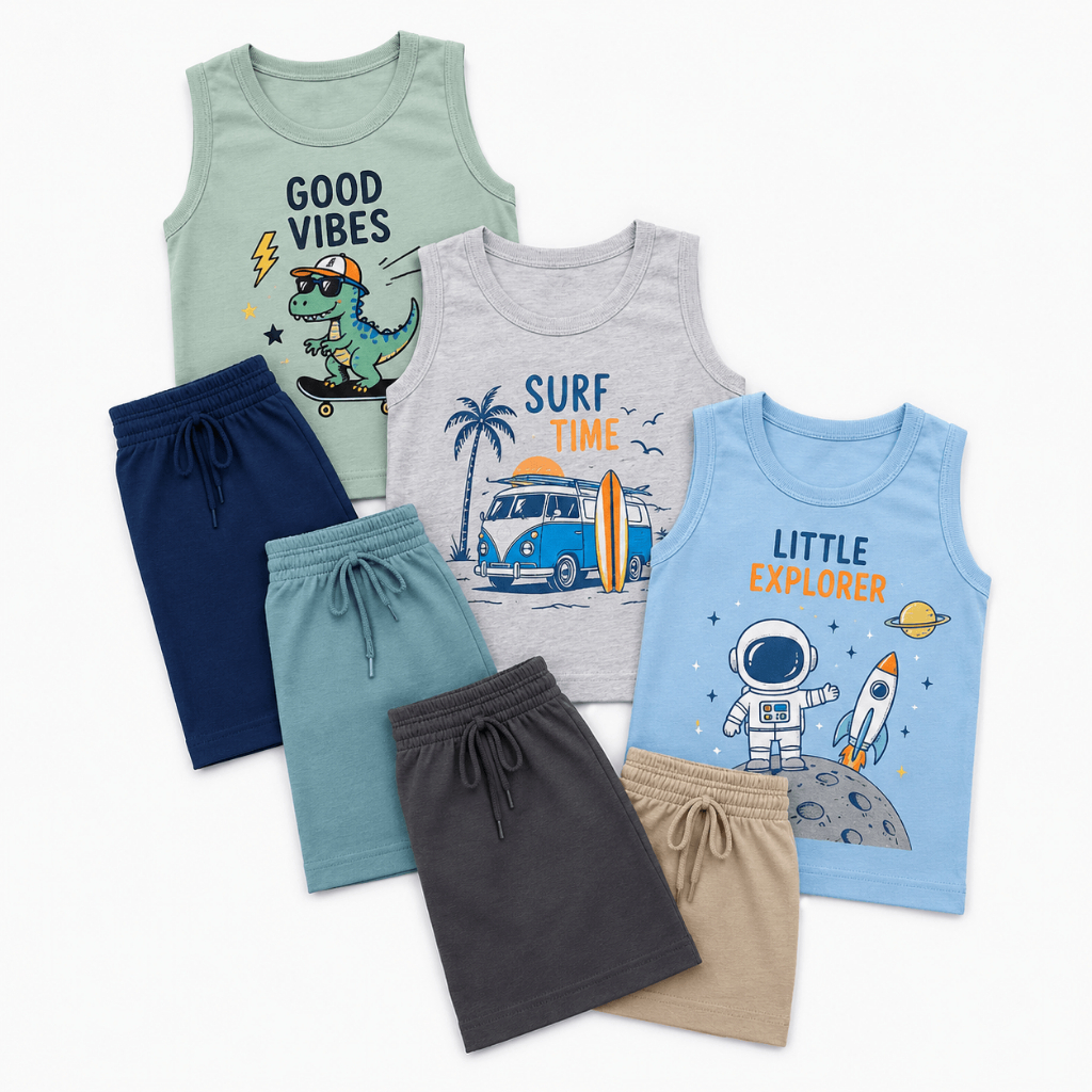 Kit 6 Peças Sortidas Verão 3 Conjuntos de Roupa Infantil Menino 3 Regatas + 3 Bermudas 100% algodão Macio Tamanho 1 ao 8