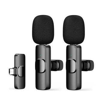 Microfone de Lapela Sem Fio K9 Compatível Tipo C e iPhone, Até 6 horas, Com 2 Unidades Microfone