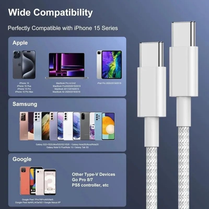 cabo USB C para USB C 100W de carregamento rápido, compatível com carregamento ápido para iPhone 16 17, Samsung, Xiaomi