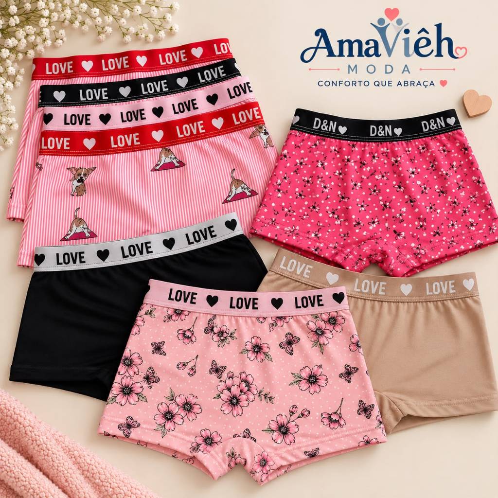 Kit 04 Calcinhas Box Shortinho Infantil Feminina Menina Moça Poliester com Forro 100% Algodão e Cós Confortável