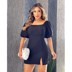 Vestido feminino Manga curta bufante Princesa blogueira Fenda
