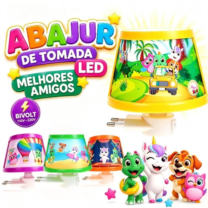 Abajur de Tomada LED Infantil Melhores Amigos Bivolt 110/220V Luz Noturna Quarto   Bebê Criança Luminaria Menino menina