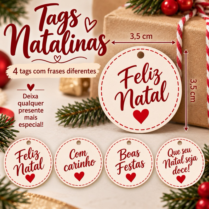 24 Tag Natalina 3,5cm | 4 Frases Diferentes | Tag para Presente e Lembrancinha de Natal