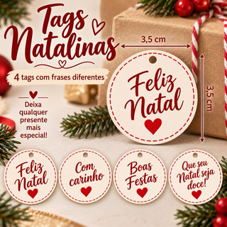 24 Tag Natalina 3,5cm | 4 Frases Diferentes | Tag para Presente e Lembrancinha de Natal
