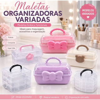 Maleta Organizadora Caixa Com Alça E Flor Rosa, Urso Marrom E Laço Rosa E Lilas